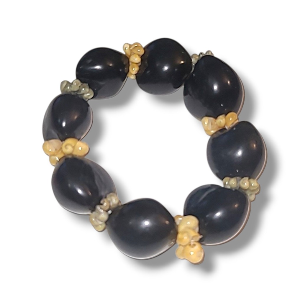 Vintage Kukui Nut Stretch Bracelet Black Hawaiian Island Tiny Shell Accents‎